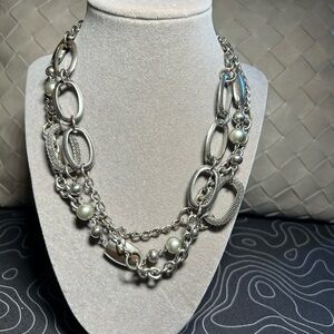 Premier Designs Elegant Silver Mulit Strand Statement Chain Necklace with Pearls